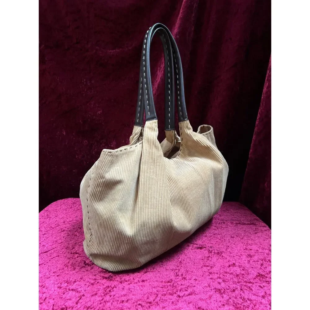 Vintage Moda International Corduroy Shoulder Bag - Tan Cotton Brown PVC Tote